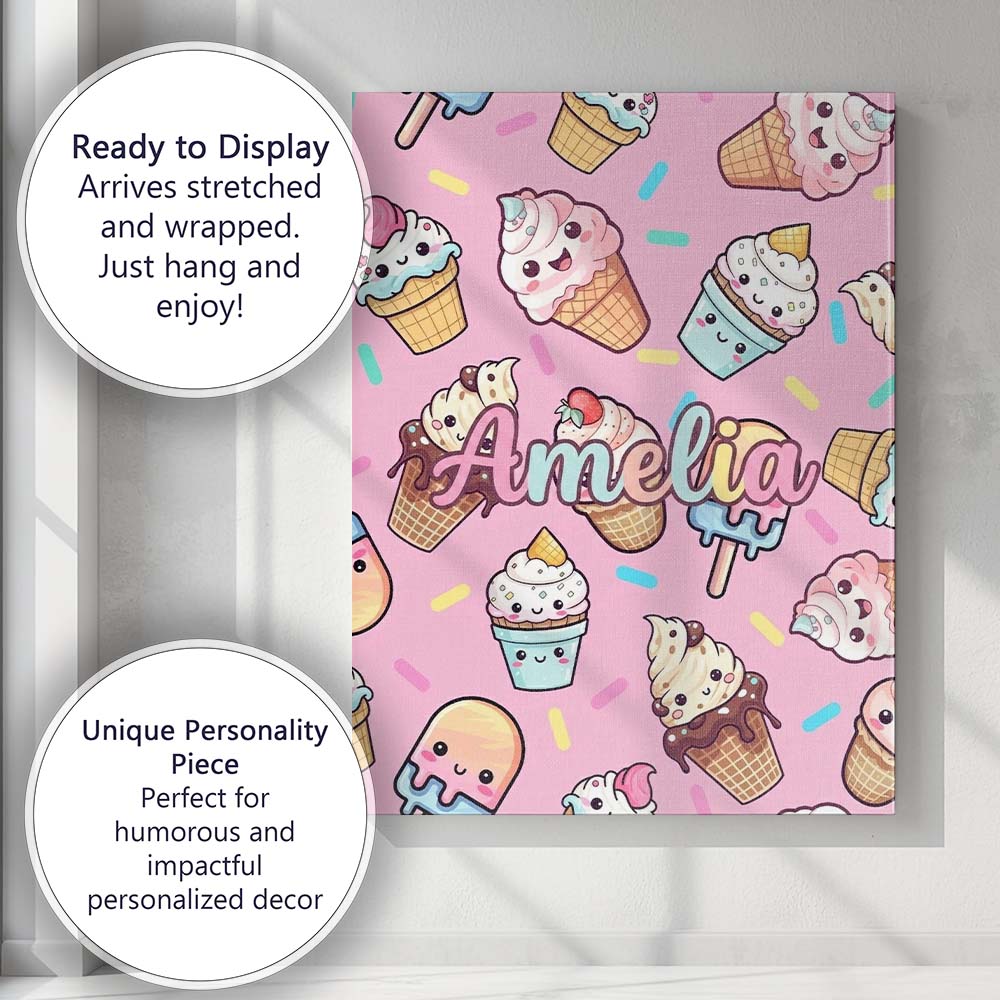 Personalised Name Kawaii Ice Cream Cone Custom Modern Room Accent Elegant Feature Canvas Wall Art Print Decor Picture Ready to Hang