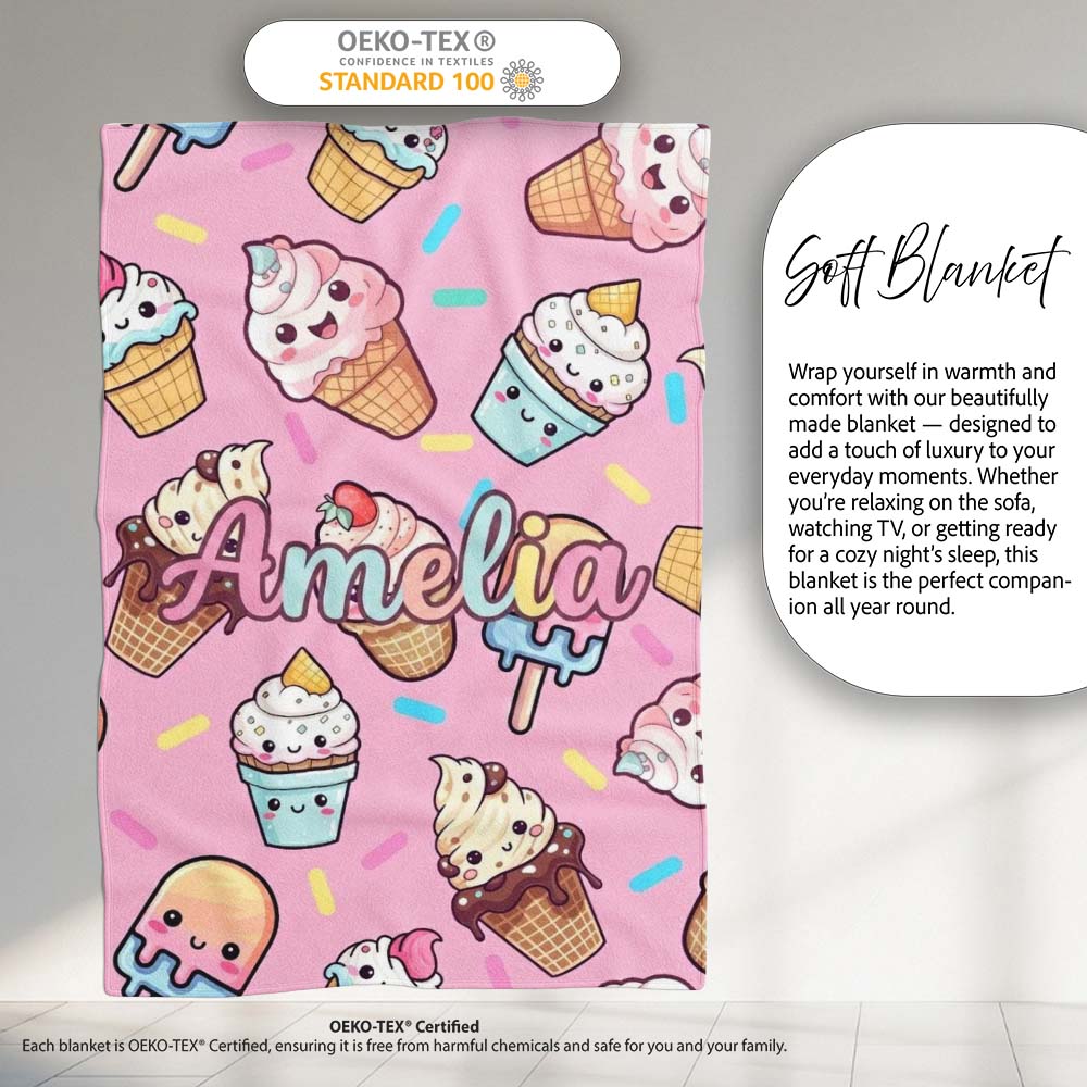 Kawaii Ice Cream Cone Popsicle Sweet Dessert Seamless Pattern Blush Personalised Custom Name Super Soft Fleece Blanket Bed Sofa Throw