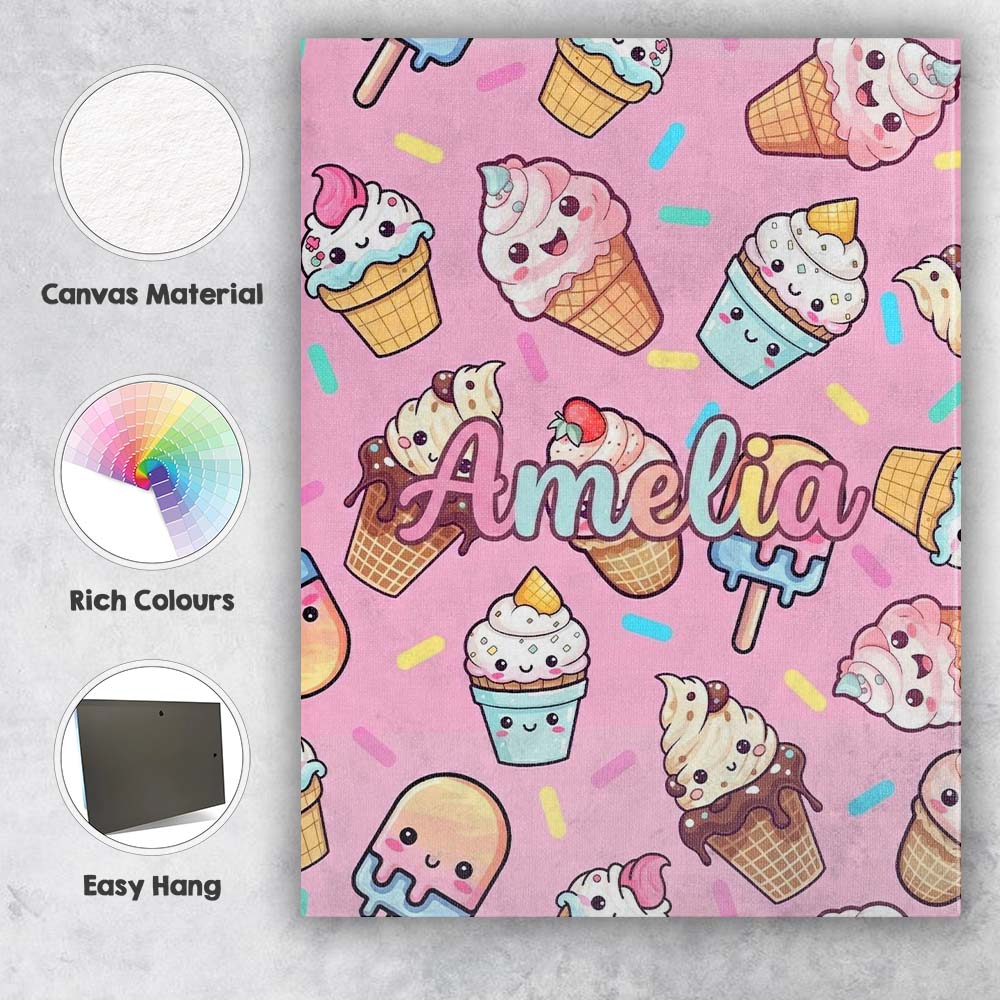 Personalised Name Kawaii Ice Cream Cone Custom Modern Room Accent Elegant Feature Canvas Wall Art Print Decor Picture Ready to Hang