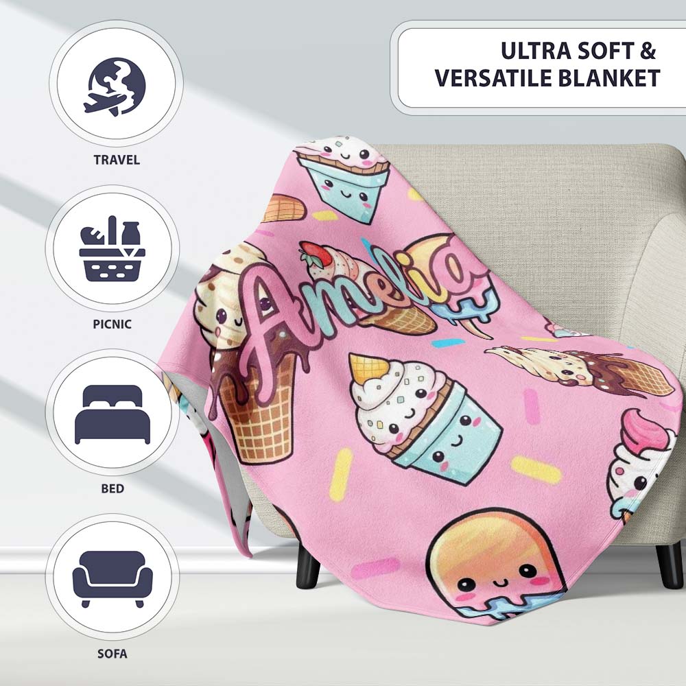 Kawaii Ice Cream Cone Popsicle Sweet Dessert Seamless Pattern Blush Personalised Custom Name Super Soft Fleece Blanket Bed Sofa Throw