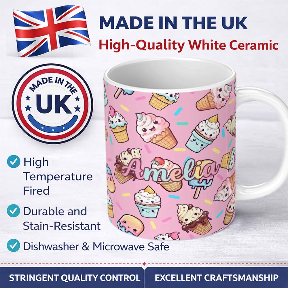 Personalized Custom Name Kawaii Ice Cream Cone Popsicle Sweet Dessert Seamless Pattern Blush 11oz Ceramic Coffee Tea Mug White Large Handle