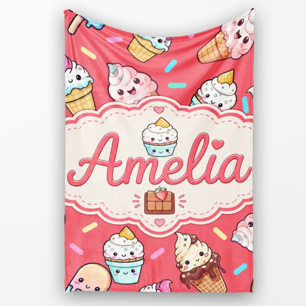 Kawaii Ice Cream Cone Popsicle Sweet Dessert Seamless Pattern Coral Personalised Custom Name Super Soft Fleece Blanket Bed Sofa Throw