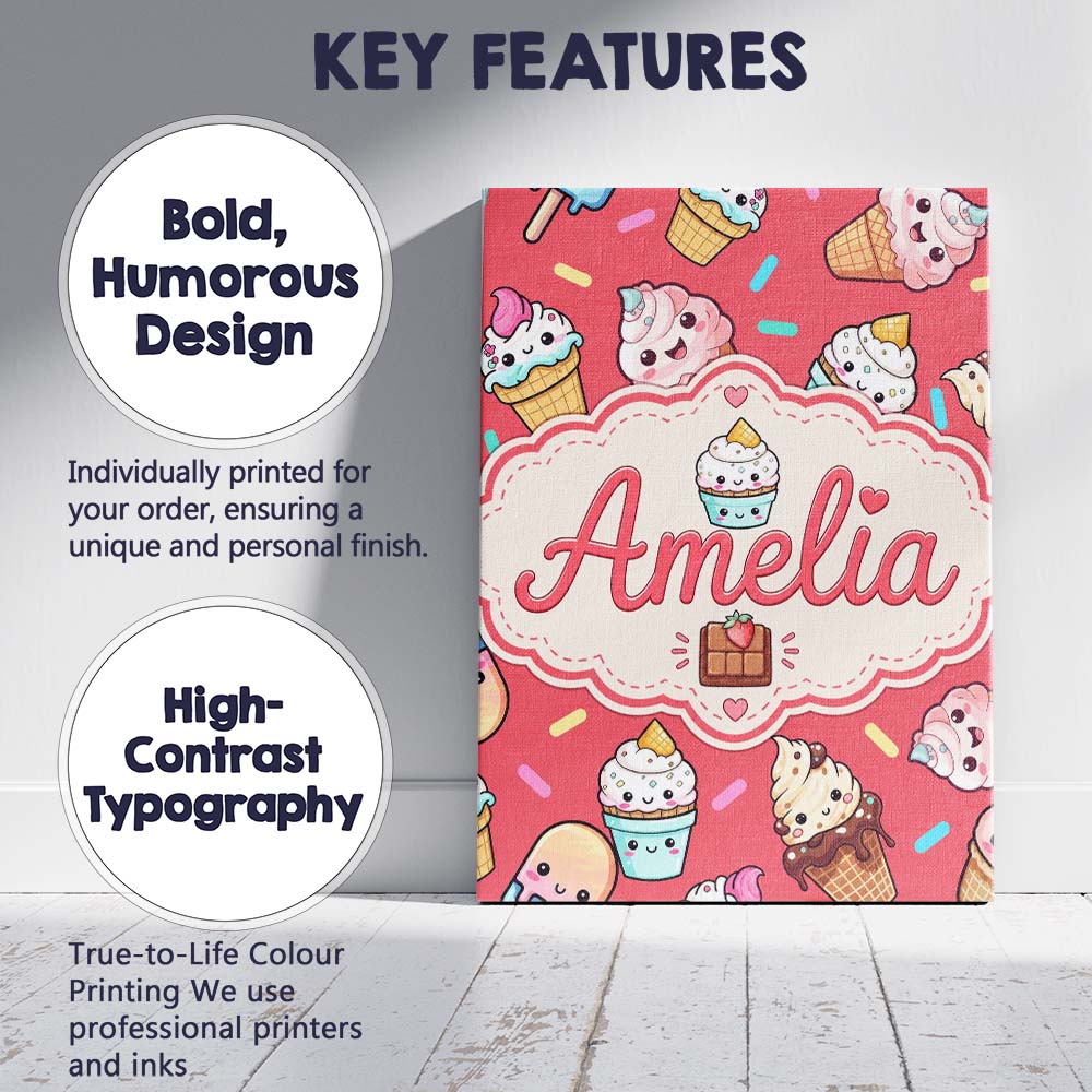 Personalised Name Kawaii Ice Cream Cone Custom Modern Room Accent Elegant Feature Canvas Wall Art Print Decor Picture Ready to Hang