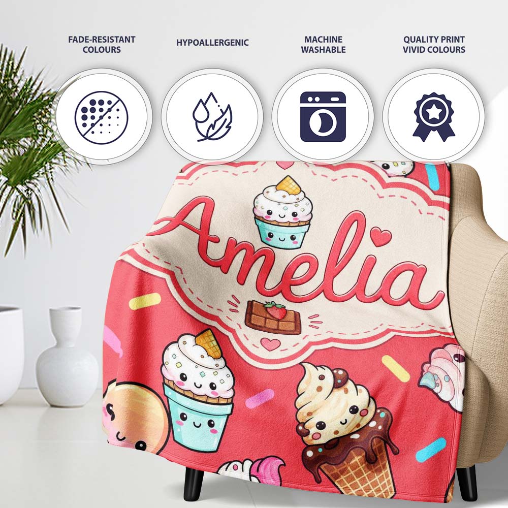 Kawaii Ice Cream Cone Popsicle Sweet Dessert Seamless Pattern Coral Personalised Custom Name Super Soft Fleece Blanket Bed Sofa Throw