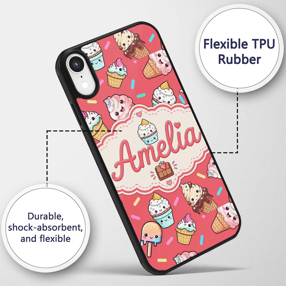 Kawaii Ice Cream Cone Popsicle Sweet Dessert Custom Name Protective Phone Case Mobile Cover Durable Everyday Smartphone Shock Resistant