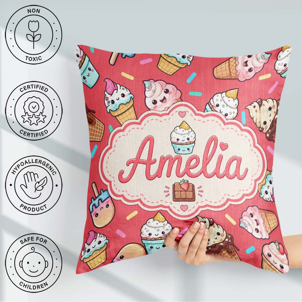Custom Name Kawaii Ice Cream Cone Popsicle Sweet Dessert Pattern Square Filled Cushion Throw Pillow Sofa Bed Home Decor Zip Washable UK Made