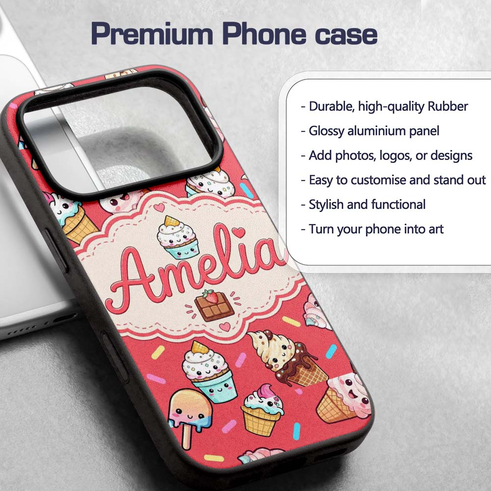 Kawaii Ice Cream Cone Popsicle Sweet Dessert Custom Name Protective Phone Case Mobile Cover Durable Everyday Smartphone Shock Resistant