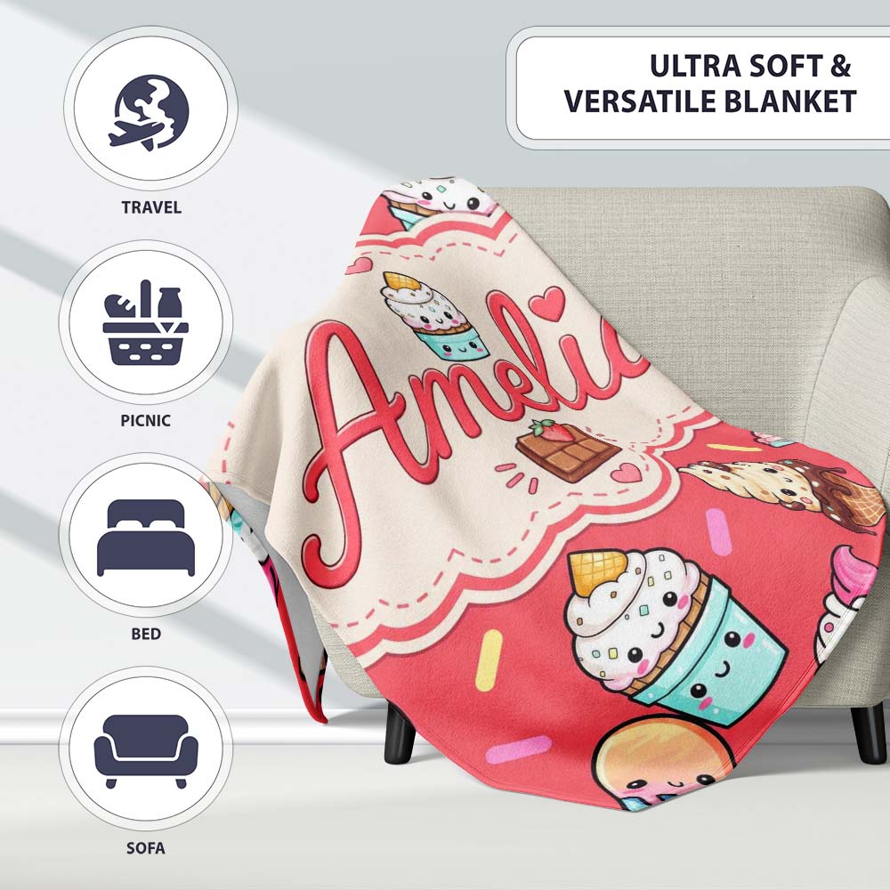 Kawaii Ice Cream Cone Popsicle Sweet Dessert Seamless Pattern Coral Personalised Custom Name Super Soft Fleece Blanket Bed Sofa Throw