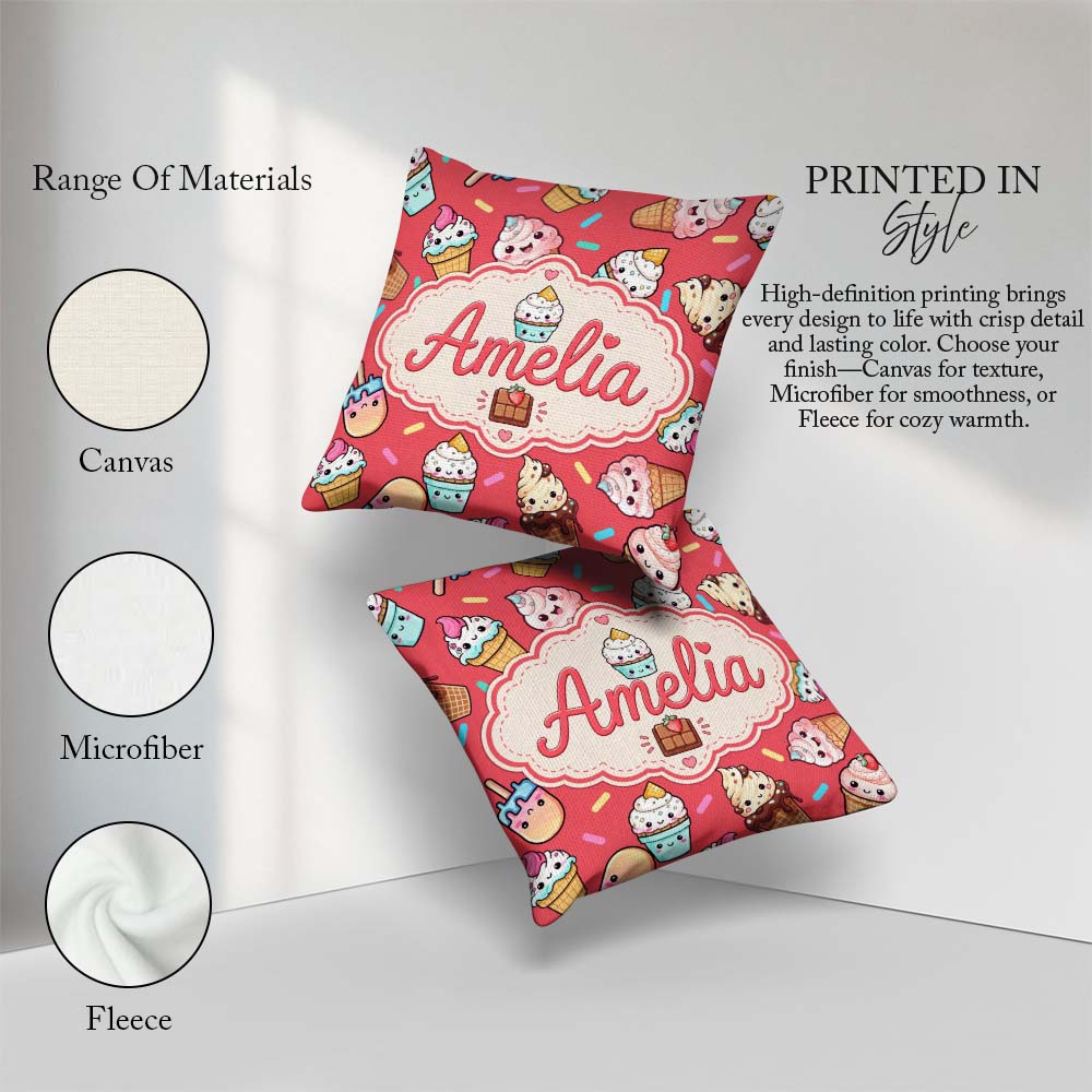 Custom Name Kawaii Ice Cream Cone Popsicle Sweet Dessert Pattern Square Filled Cushion Throw Pillow Sofa Bed Home Decor Zip Washable UK Made