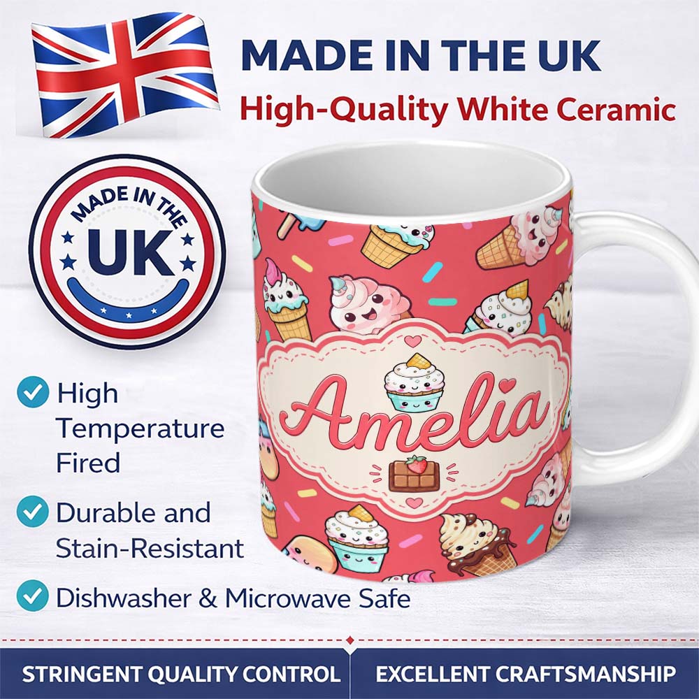 Personalized Custom Name Kawaii Ice Cream Cone Popsicle Sweet Dessert Seamless Pattern Coral 11oz Ceramic Coffee Tea Mug White Large Handle