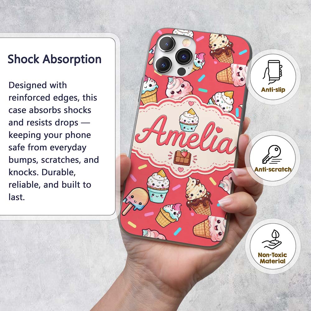 Kawaii Ice Cream Cone Popsicle Sweet Dessert Custom Name Protective Phone Case Mobile Cover Durable Everyday Smartphone Shock Resistant