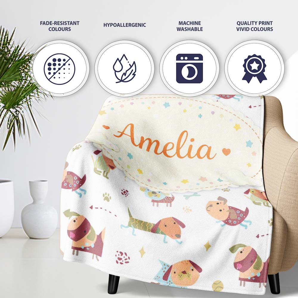 Cute Cartoon Dogs Playful Pet Seamless Pattern Perfect Gift for Her Personalised Custom Name Super Soft Fleece Blanket Bed Sofa Throw