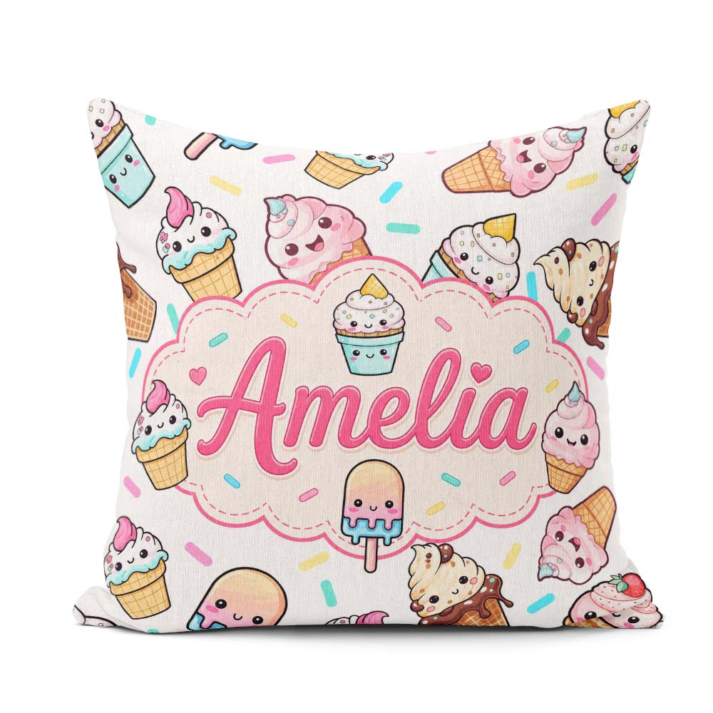 Custom Name Kawaii Ice Cream Cone Popsicle Sweet Dessert Pattern Square Filled Cushion Throw Pillow Sofa Bed Home Decor Zip Washable UK Made