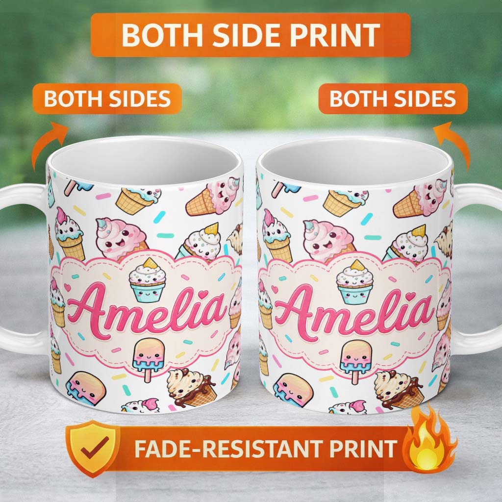 Personalized Custom Name Kawaii Ice Cream Cone Popsicle Sweet Dessert Seamless Pattern Light 11oz Ceramic Coffee Tea Mug White Large Handle