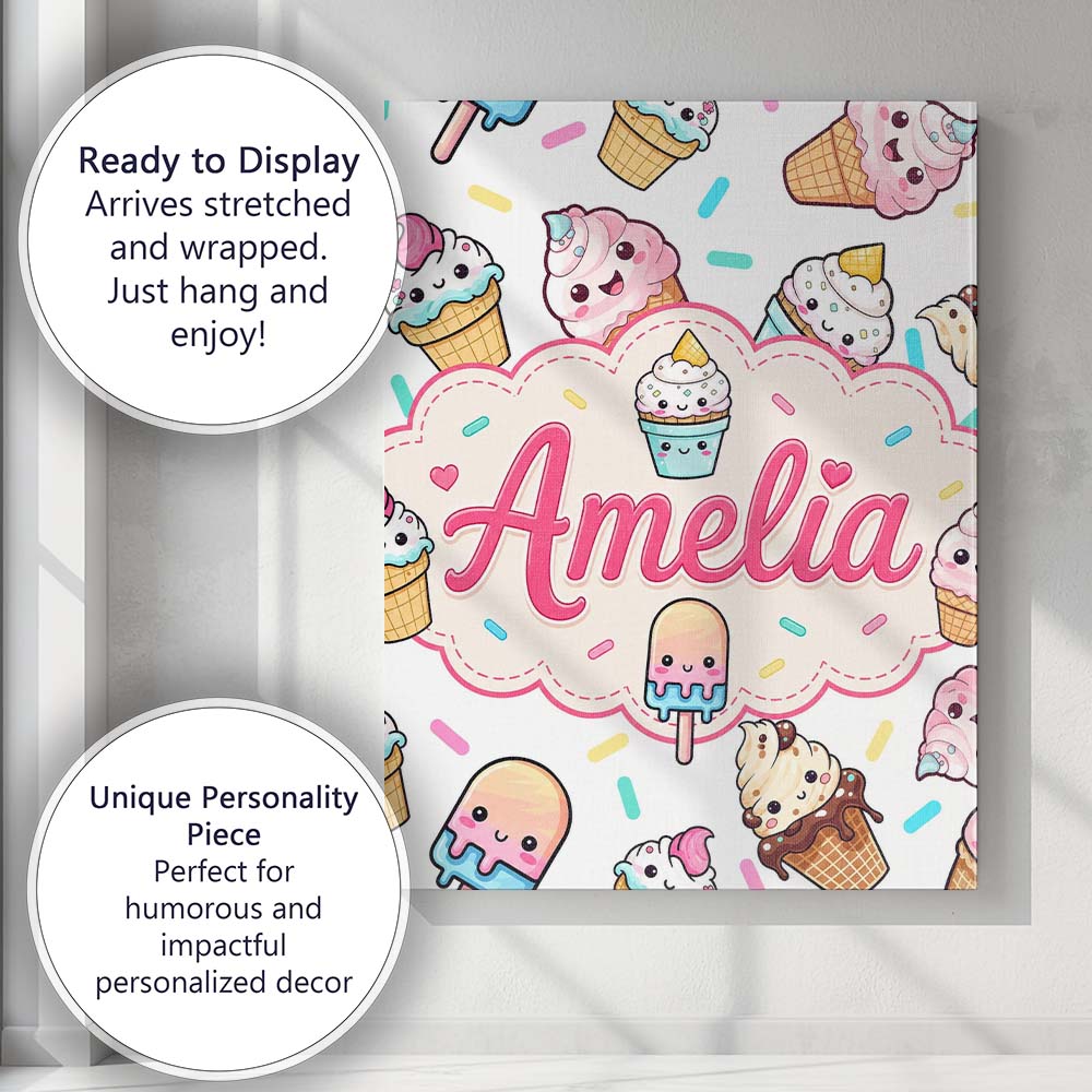 Personalised Name Kawaii Ice Cream Cone Custom Modern Room Accent Elegant Feature Canvas Wall Art Print Decor Picture Ready to Hang