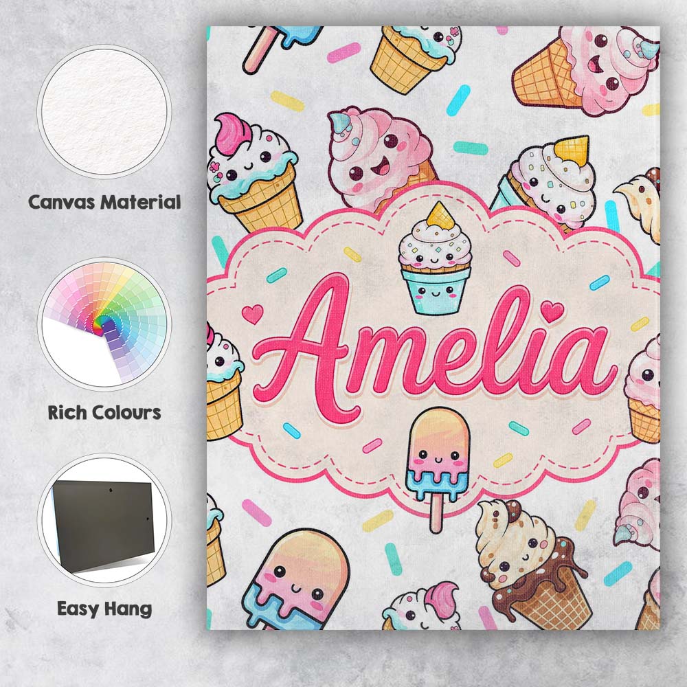 Personalised Name Kawaii Ice Cream Cone Custom Modern Room Accent Elegant Feature Canvas Wall Art Print Decor Picture Ready to Hang