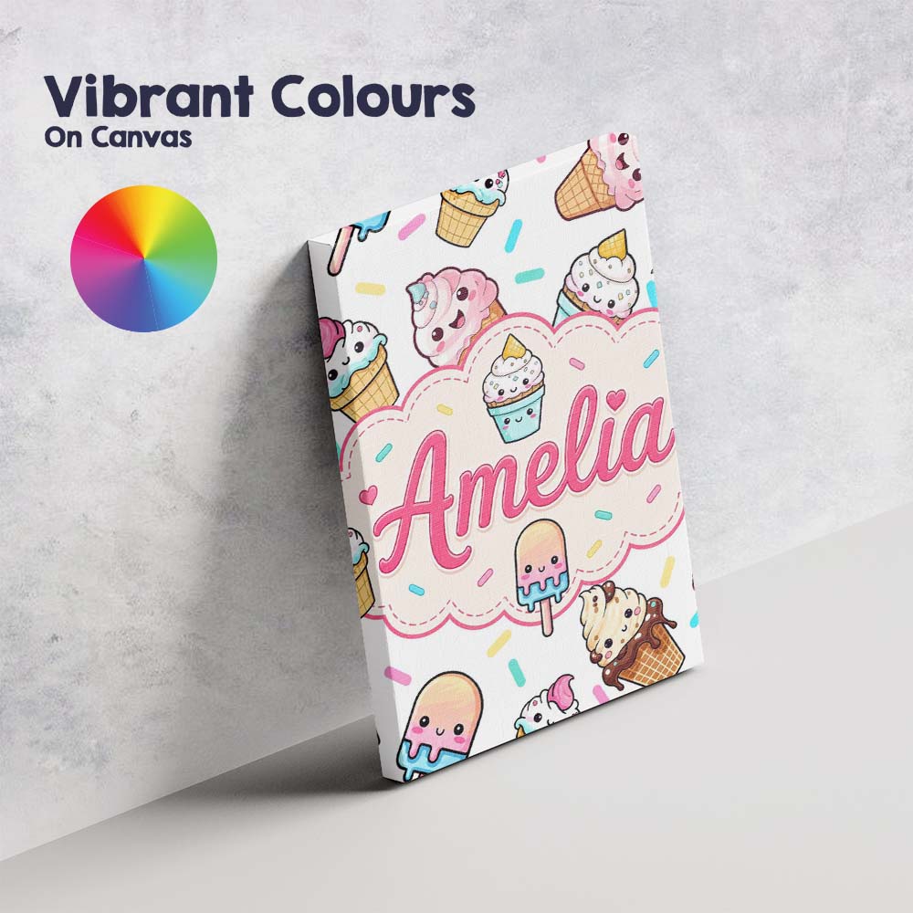 Personalised Name Kawaii Ice Cream Cone Custom Modern Room Accent Elegant Feature Canvas Wall Art Print Decor Picture Ready to Hang