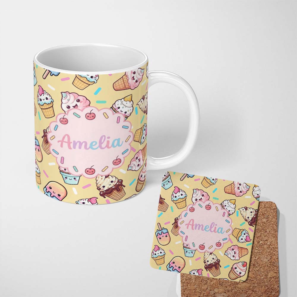 Personalized Custom Name Cute Kawaii Dessert Cake Cupcake Donut Candy Sweet Treat Seamless 11oz Ceramic Coffee Tea Mug White Large Handle