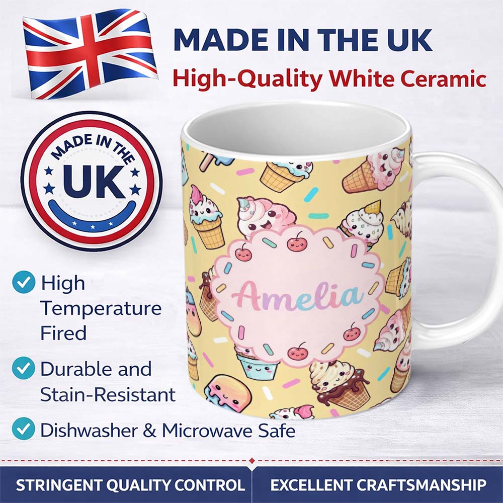 Personalized Custom Name Cute Kawaii Dessert Cake Cupcake Donut Candy Sweet Treat Seamless 11oz Ceramic Coffee Tea Mug White Large Handle