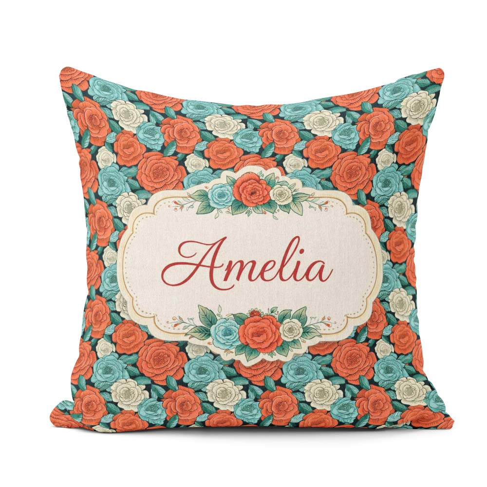 Custom Name Soft Ivory Pink Floral Seamless Pattern Everyday Square Filled Cushion Throw Pillow Sofa Bed Home Decor Zip Washable UK Made