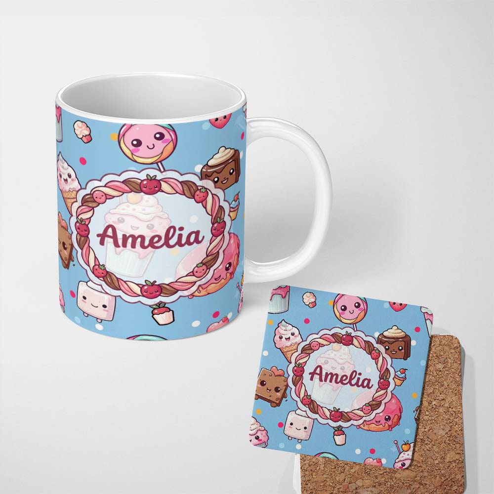 Personalized Custom Name Cute Kawaii Dessert Cake Cupcake Donut Candy Sweet Treat Seamless 11oz Ceramic Coffee Tea Mug White Large Handle