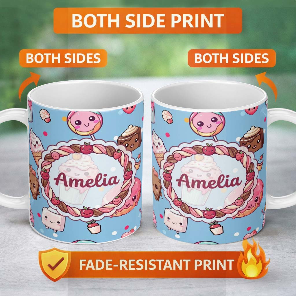 Personalized Custom Name Cute Kawaii Dessert Cake Cupcake Donut Candy Sweet Treat Seamless 11oz Ceramic Coffee Tea Mug White Large Handle