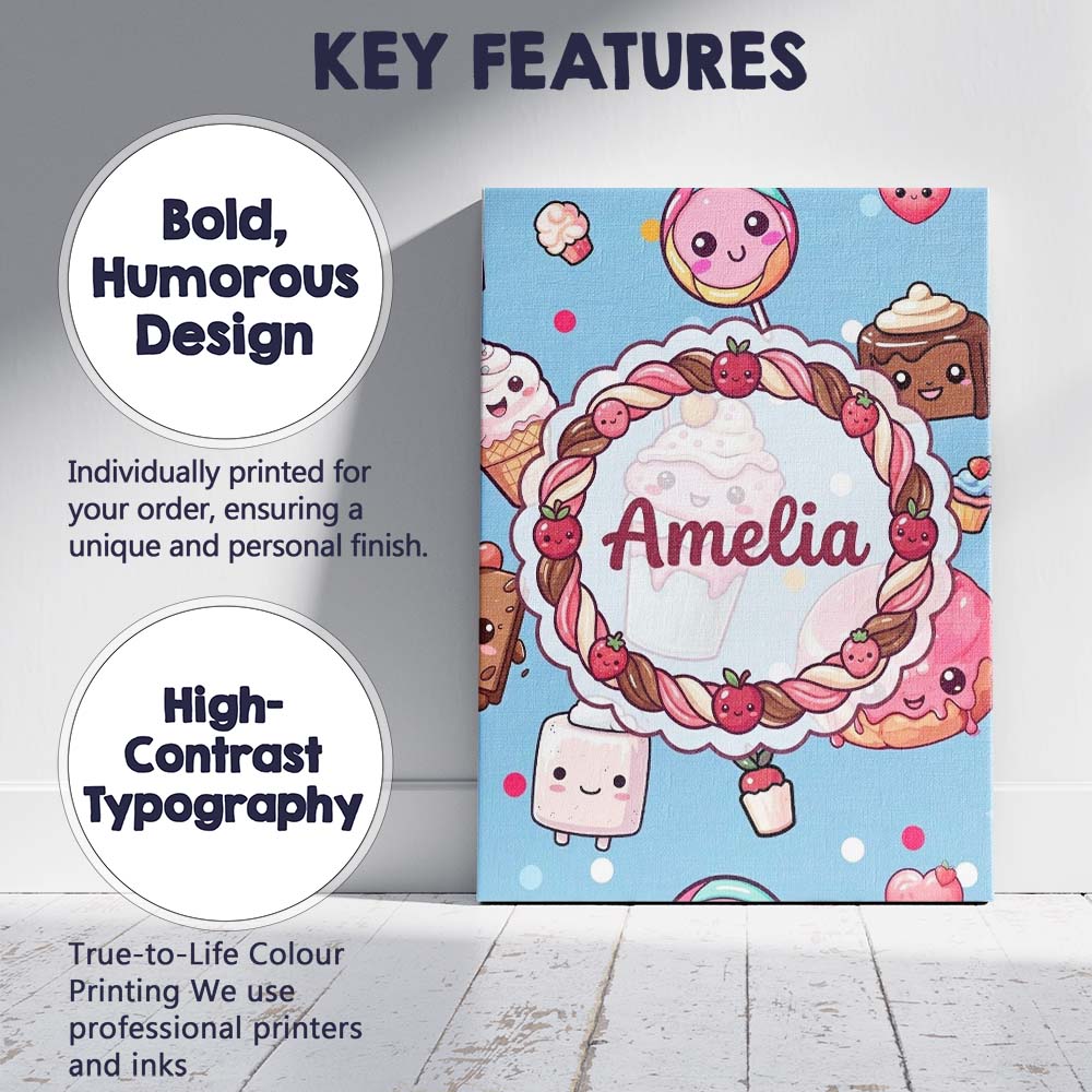 Personalised Name Cute Kawaii Dessert Cake Custom Unique Gift Idea Elegant Feature Canvas Wall Art Print Decor Picture Ready to Hang