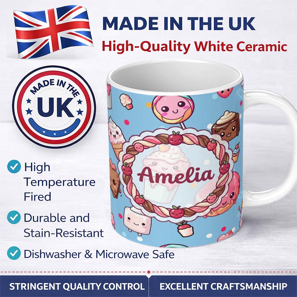 Personalized Custom Name Cute Kawaii Dessert Cake Cupcake Donut Candy Sweet Treat Seamless 11oz Ceramic Coffee Tea Mug White Large Handle
