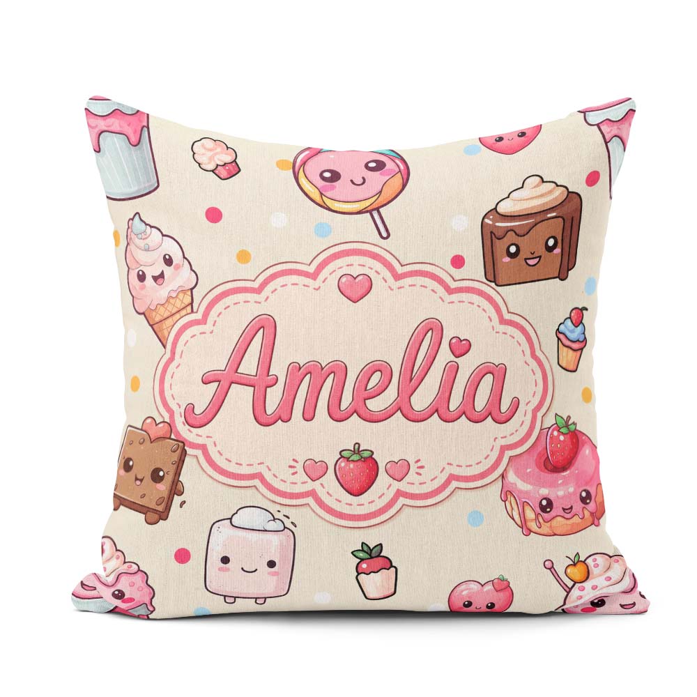Custom Name Kawaii Dessert Cake Donut Candy Sweet Treat Seamless Square Filled Cushion Throw Pillow Sofa Bed Home Decor Zip Washable UK Made
