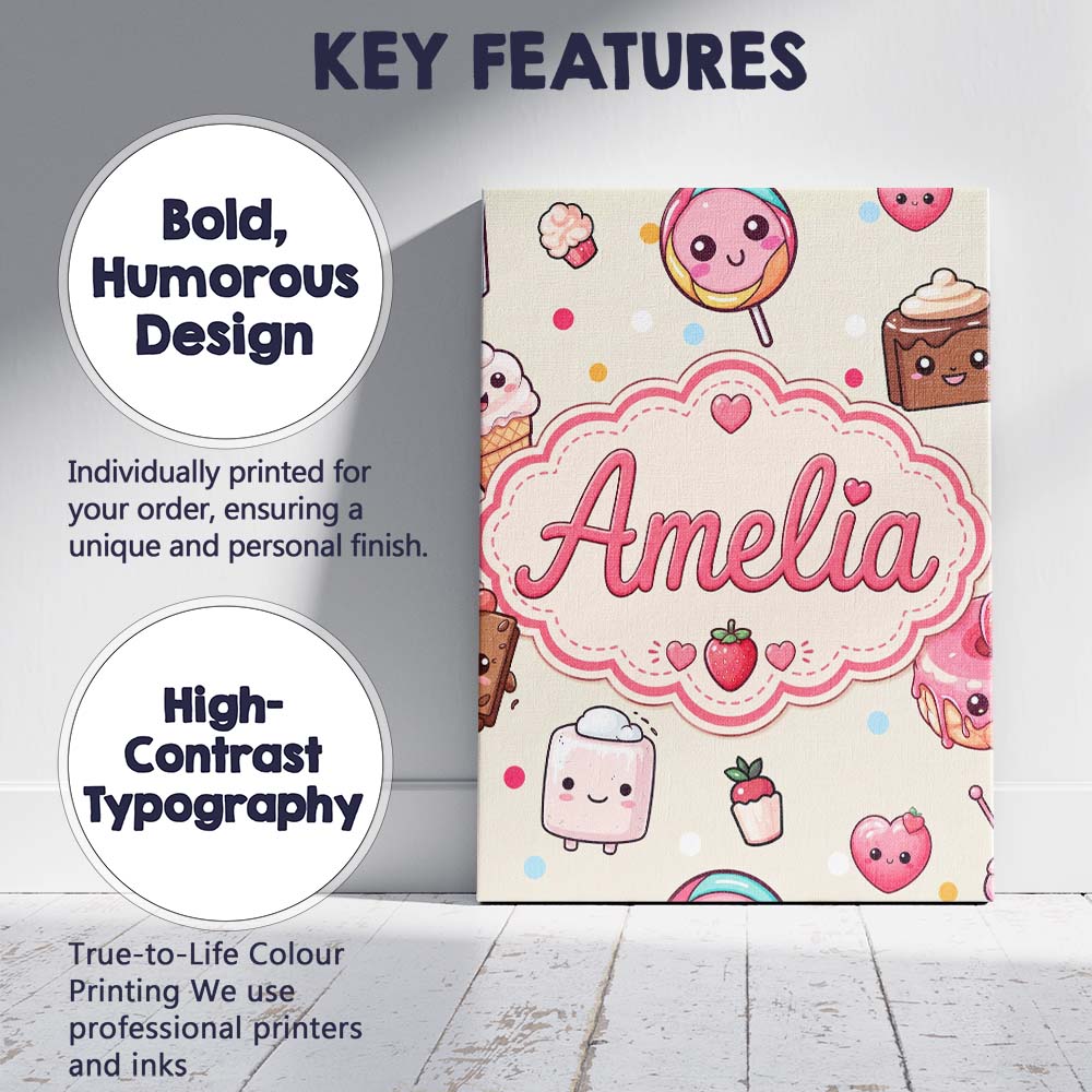 Personalised Name Cute Kawaii Dessert Cake Custom Unique Gift Idea Elegant Feature Canvas Wall Art Print Decor Picture Ready to Hang