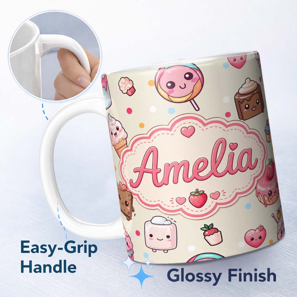 Personalized Custom Name Cute Kawaii Dessert Cake Cupcake Donut Candy Sweet Treat Seamless 11oz Ceramic Coffee Tea Mug White Large Handle