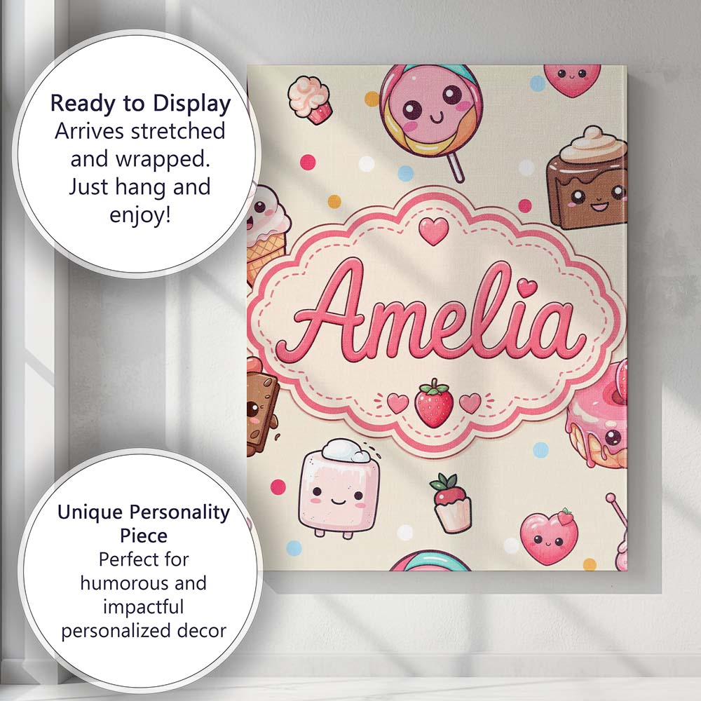 Personalised Name Cute Kawaii Dessert Cake Custom Unique Gift Idea Elegant Feature Canvas Wall Art Print Decor Picture Ready to Hang