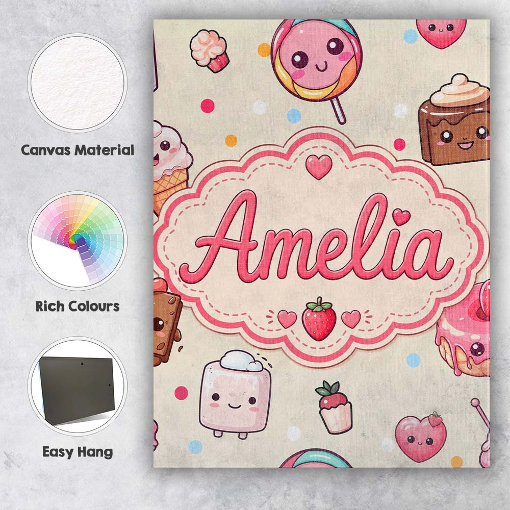 Personalised Name Cute Kawaii Dessert Cake Custom Unique Gift Idea Elegant Feature Canvas Wall Art Print Decor Picture Ready to Hang