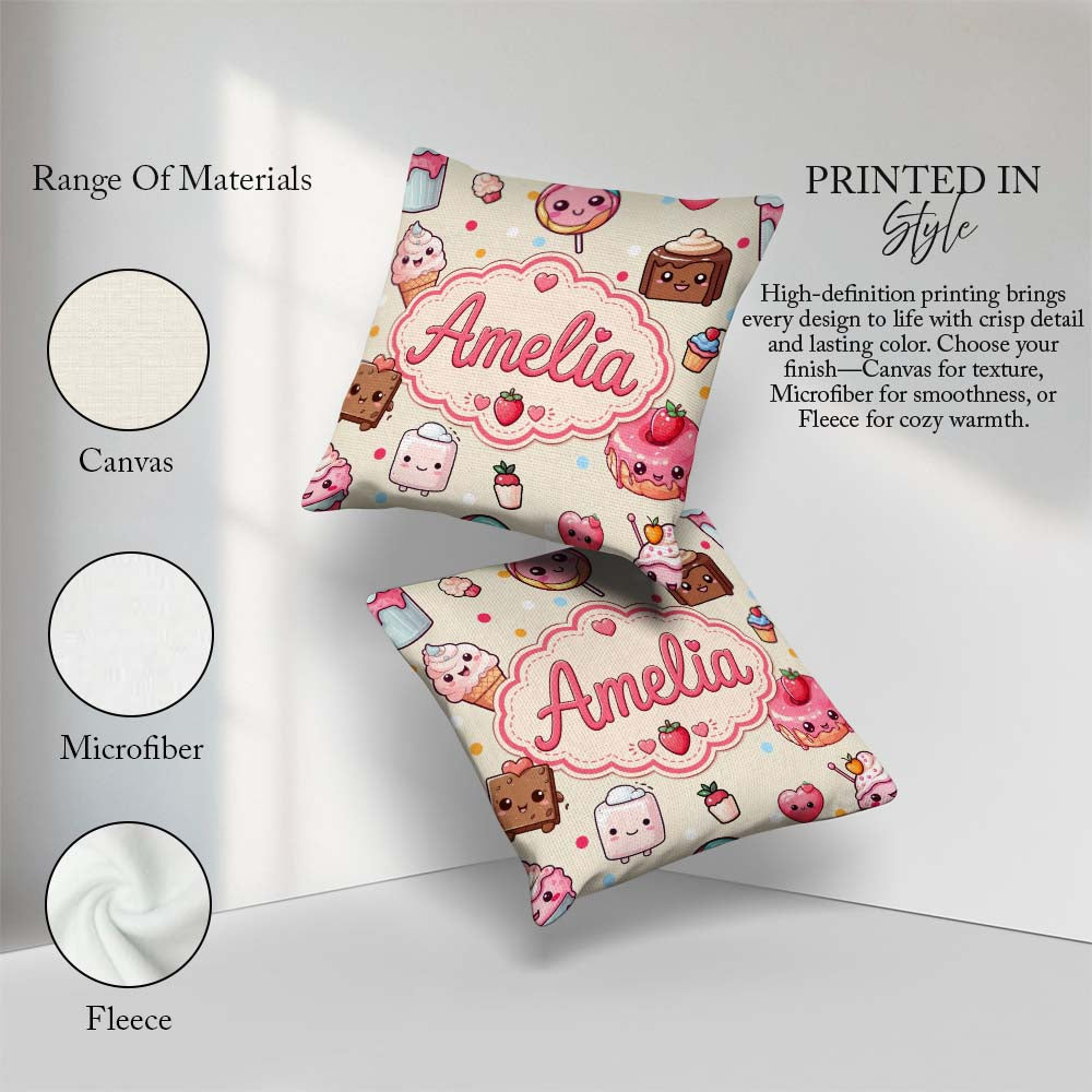 Custom Name Kawaii Dessert Cake Donut Candy Sweet Treat Seamless Square Filled Cushion Throw Pillow Sofa Bed Home Decor Zip Washable UK Made