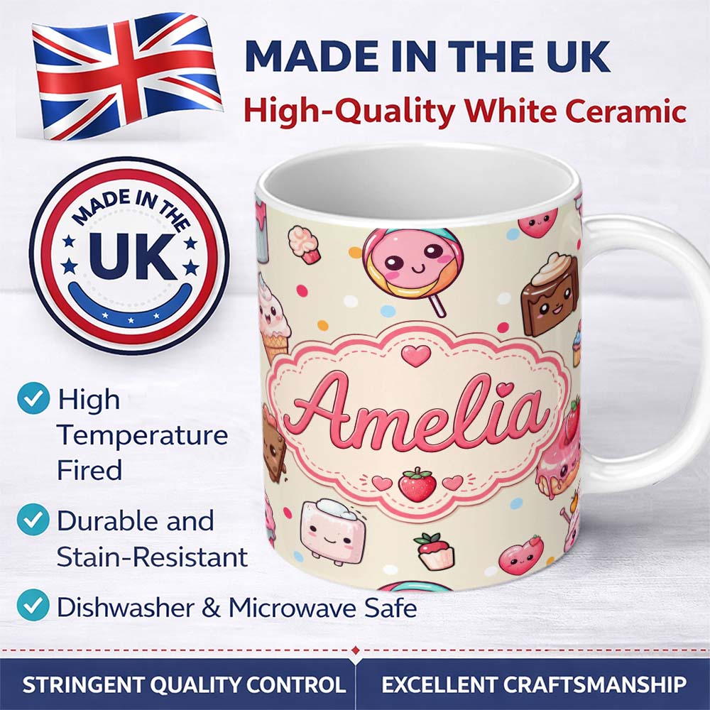 Personalized Custom Name Cute Kawaii Dessert Cake Cupcake Donut Candy Sweet Treat Seamless 11oz Ceramic Coffee Tea Mug White Large Handle