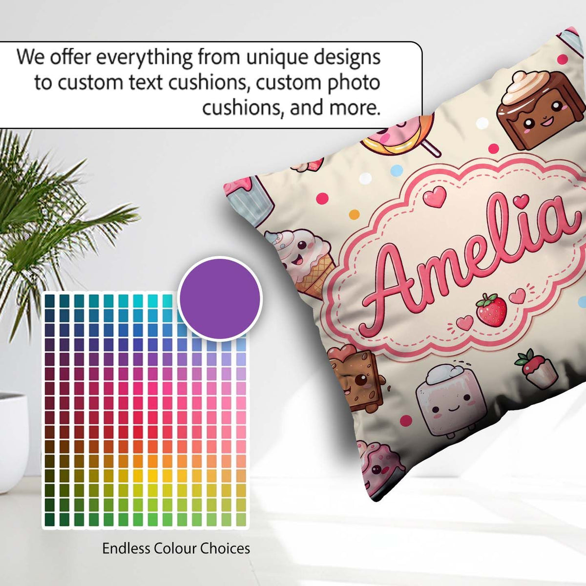Custom Name Kawaii Dessert Cake Donut Candy Sweet Treat Seamless Square Filled Cushion Throw Pillow Sofa Bed Home Decor Zip Washable UK Made