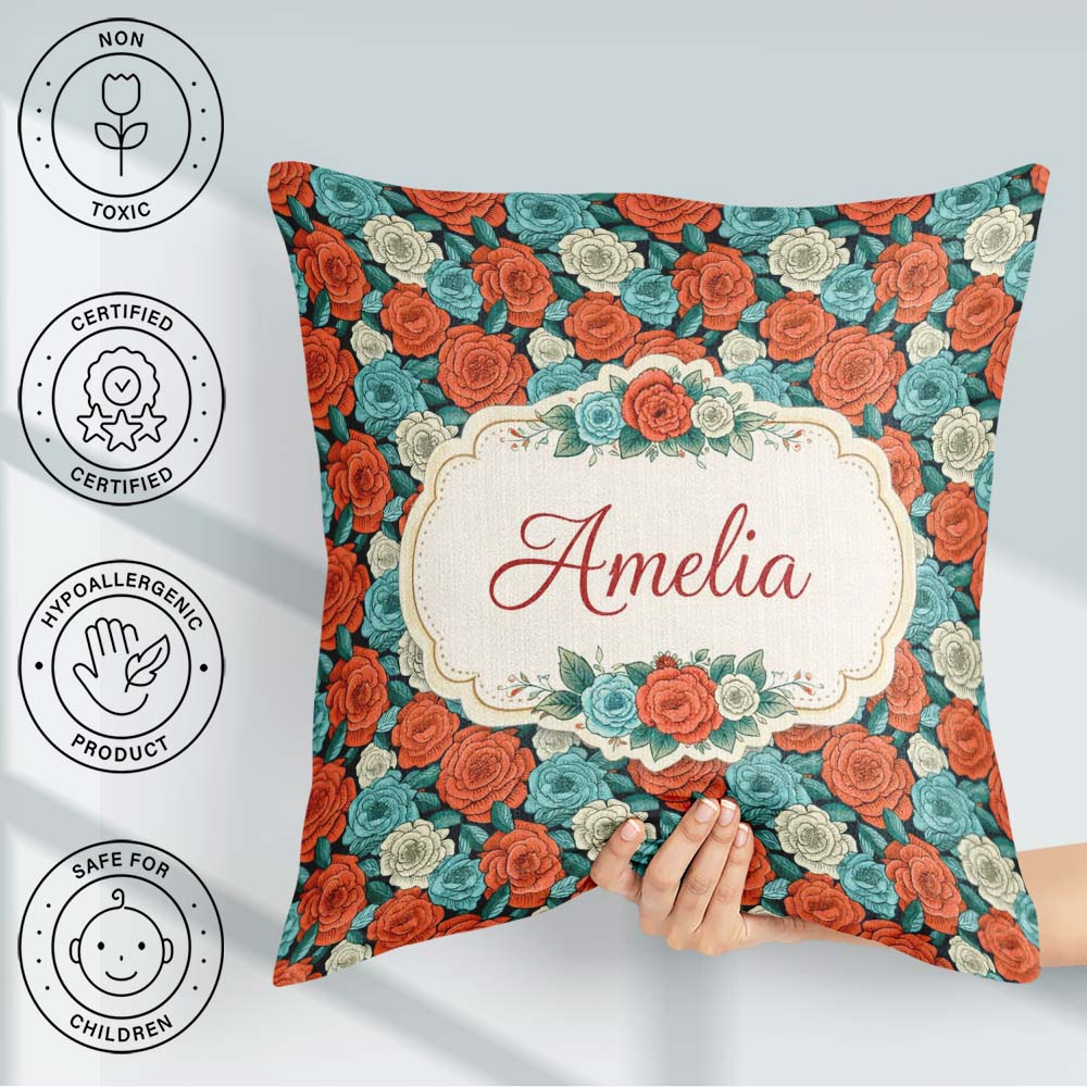 Custom Name Soft Ivory Pink Floral Seamless Pattern Everyday Square Filled Cushion Throw Pillow Sofa Bed Home Decor Zip Washable UK Made