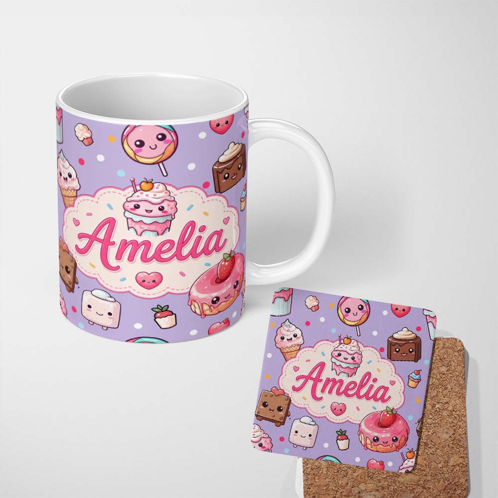 Personalized Custom Name Cute Kawaii Dessert Cake Cupcake Donut Candy Sweet Treat Seamless 11oz Ceramic Coffee Tea Mug White Large Handle