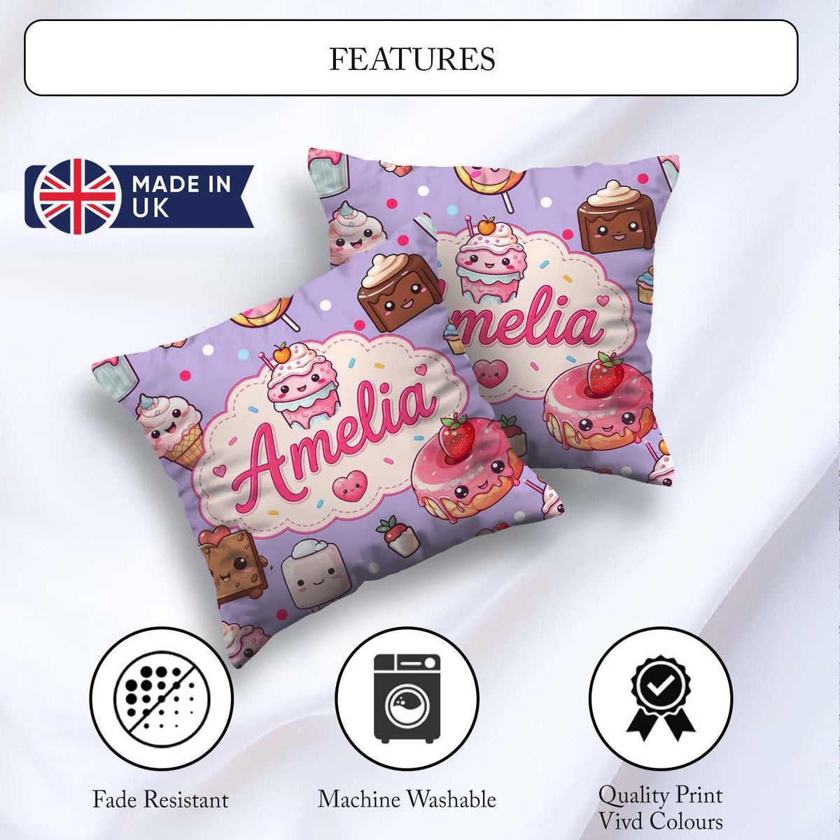 Custom Name Kawaii Dessert Cake Donut Candy Sweet Treat Seamless Square Filled Cushion Throw Pillow Sofa Bed Home Decor Zip Washable UK Made
