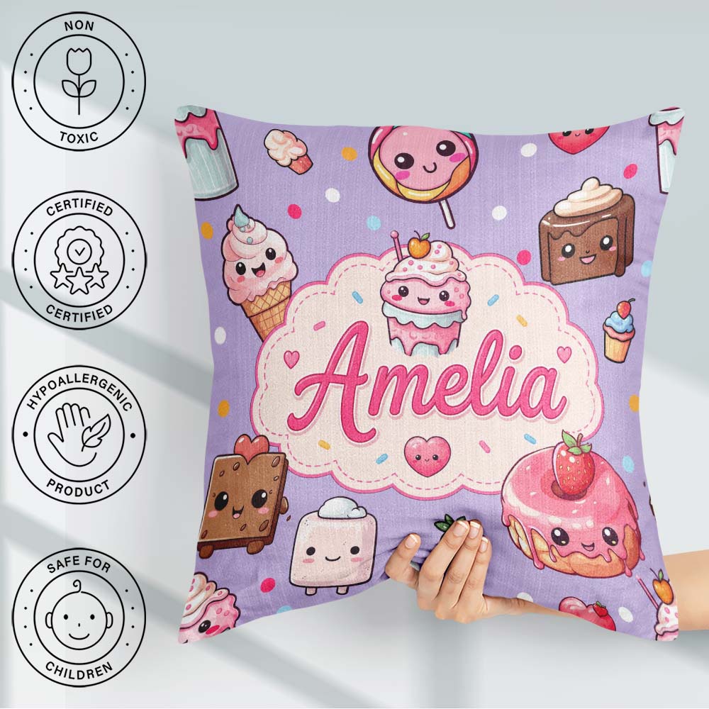 Custom Name Kawaii Dessert Cake Donut Candy Sweet Treat Seamless Square Filled Cushion Throw Pillow Sofa Bed Home Decor Zip Washable UK Made