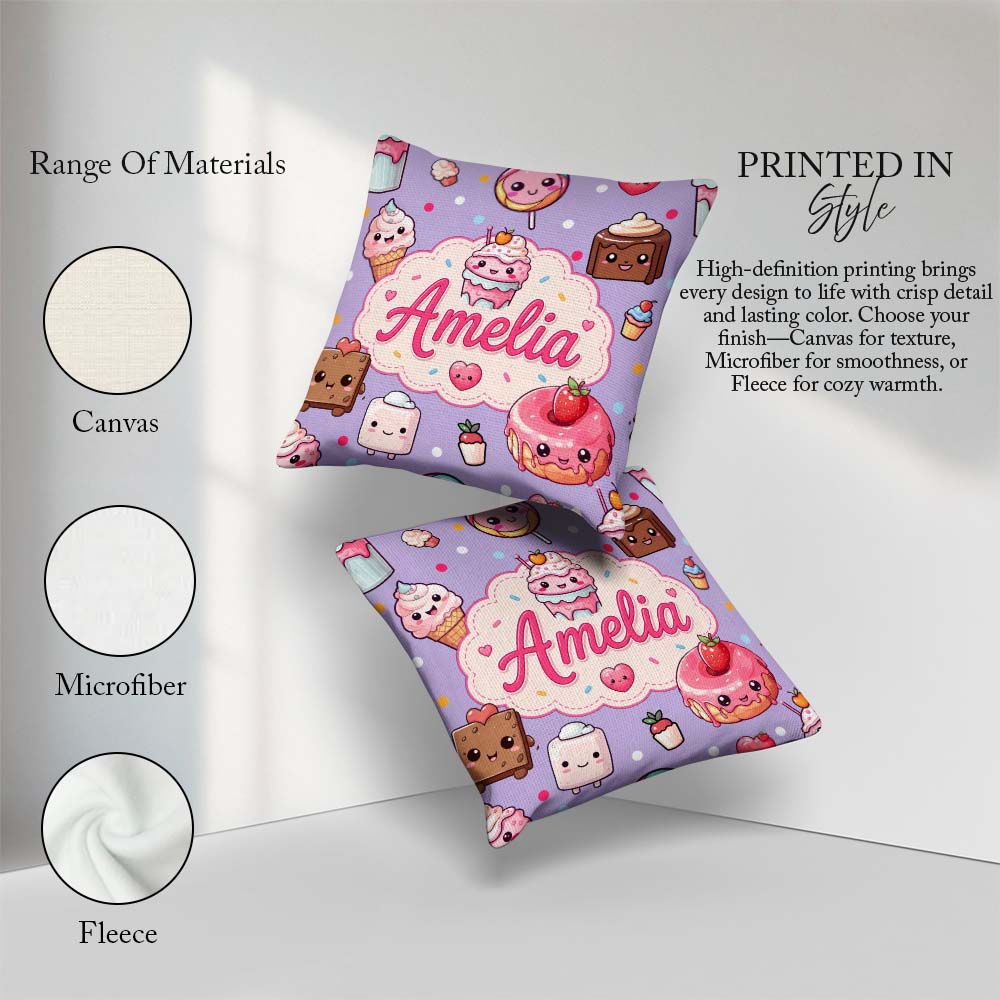 Custom Name Kawaii Dessert Cake Donut Candy Sweet Treat Seamless Square Filled Cushion Throw Pillow Sofa Bed Home Decor Zip Washable UK Made