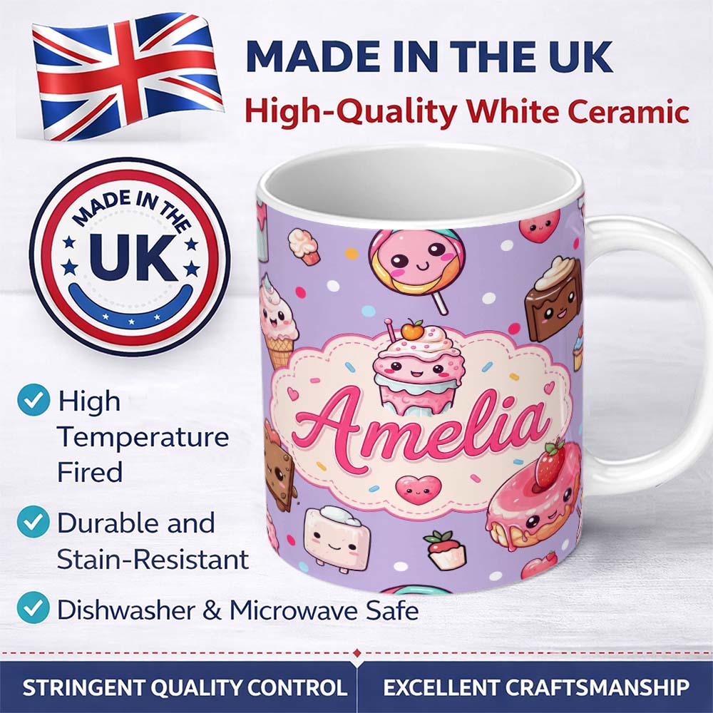 Personalized Custom Name Cute Kawaii Dessert Cake Cupcake Donut Candy Sweet Treat Seamless 11oz Ceramic Coffee Tea Mug White Large Handle