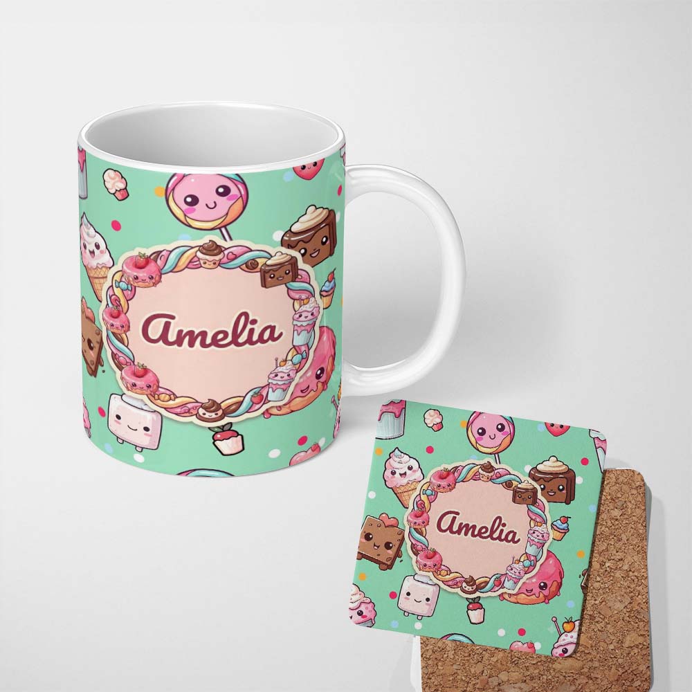 Personalized Custom Name Cute Kawaii Dessert Cake Cupcake Donut Candy Sweet Treat Seamless 11oz Ceramic Coffee Tea Mug White Large Handle
