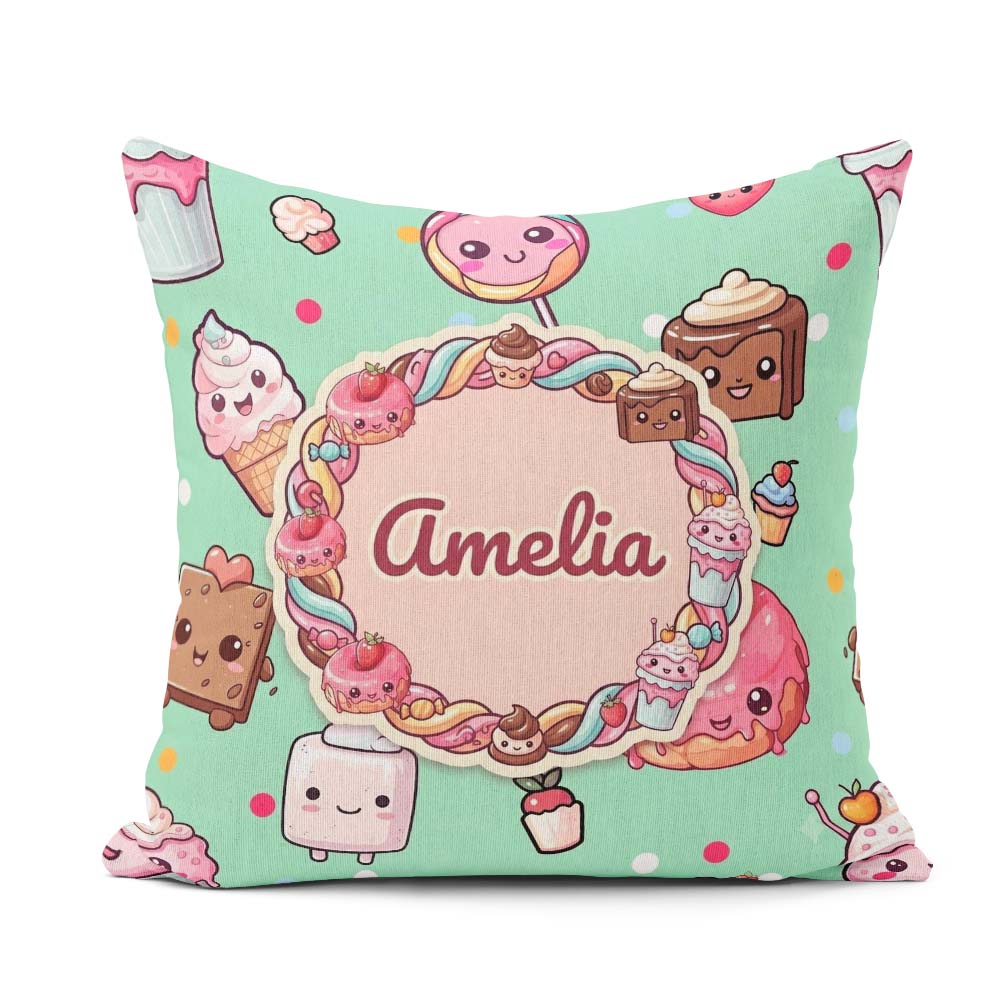 Custom Name Kawaii Dessert Cake Donut Candy Sweet Treat Seamless Square Filled Cushion Throw Pillow Sofa Bed Home Decor Zip Washable UK Made