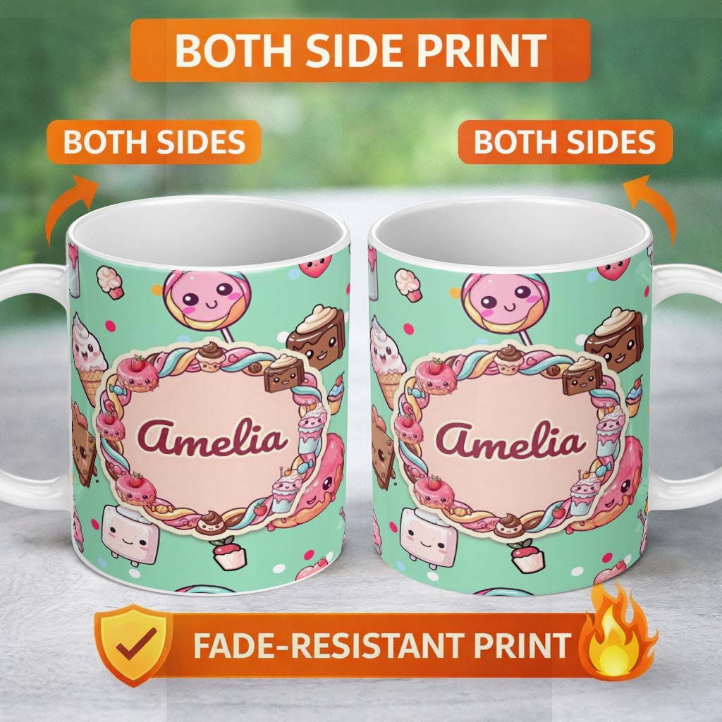 Personalized Custom Name Cute Kawaii Dessert Cake Cupcake Donut Candy Sweet Treat Seamless 11oz Ceramic Coffee Tea Mug White Large Handle