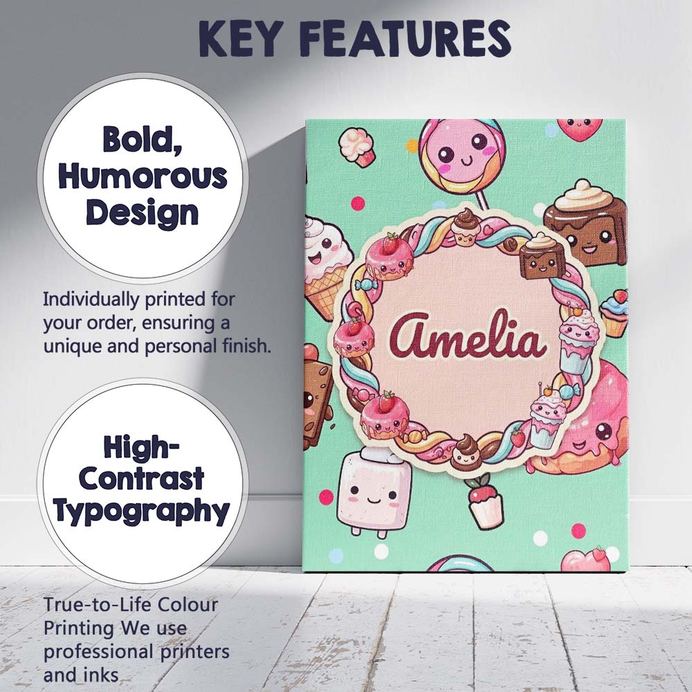 Personalised Name Cute Kawaii Dessert Cake Custom Unique Gift Idea Elegant Feature Canvas Wall Art Print Decor Picture Ready to Hang