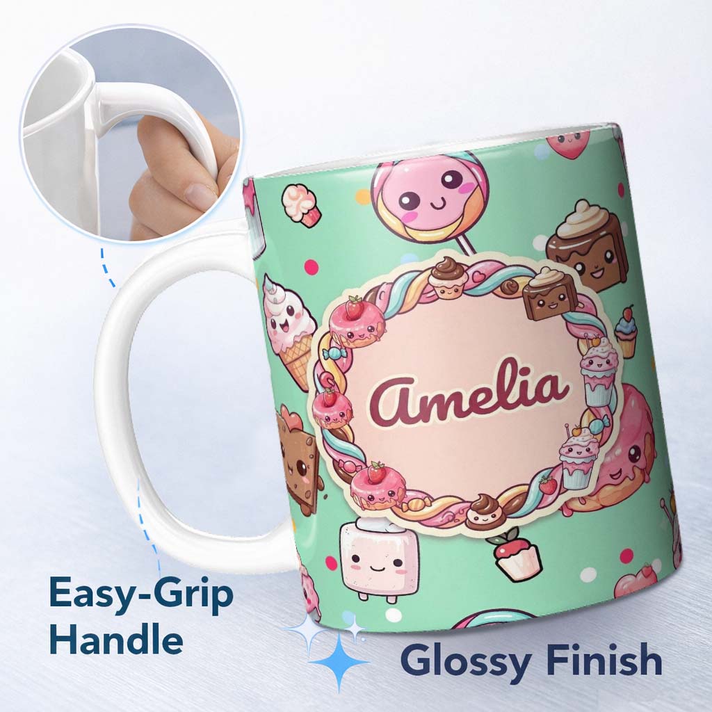 Personalized Custom Name Cute Kawaii Dessert Cake Cupcake Donut Candy Sweet Treat Seamless 11oz Ceramic Coffee Tea Mug White Large Handle