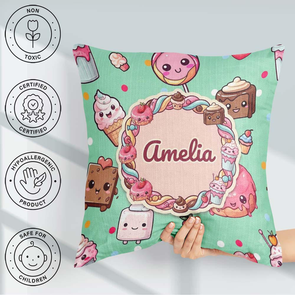Custom Name Kawaii Dessert Cake Donut Candy Sweet Treat Seamless Square Filled Cushion Throw Pillow Sofa Bed Home Decor Zip Washable UK Made