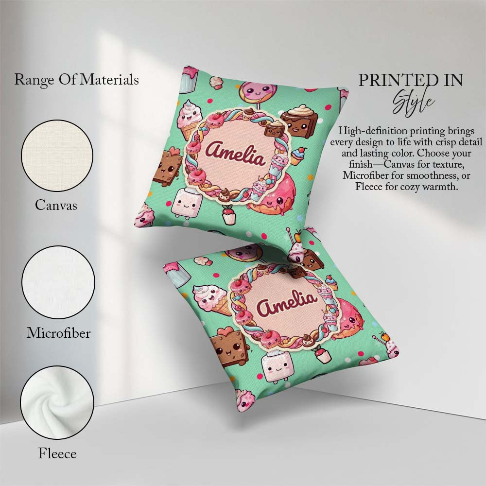 Custom Name Kawaii Dessert Cake Donut Candy Sweet Treat Seamless Square Filled Cushion Throw Pillow Sofa Bed Home Decor Zip Washable UK Made