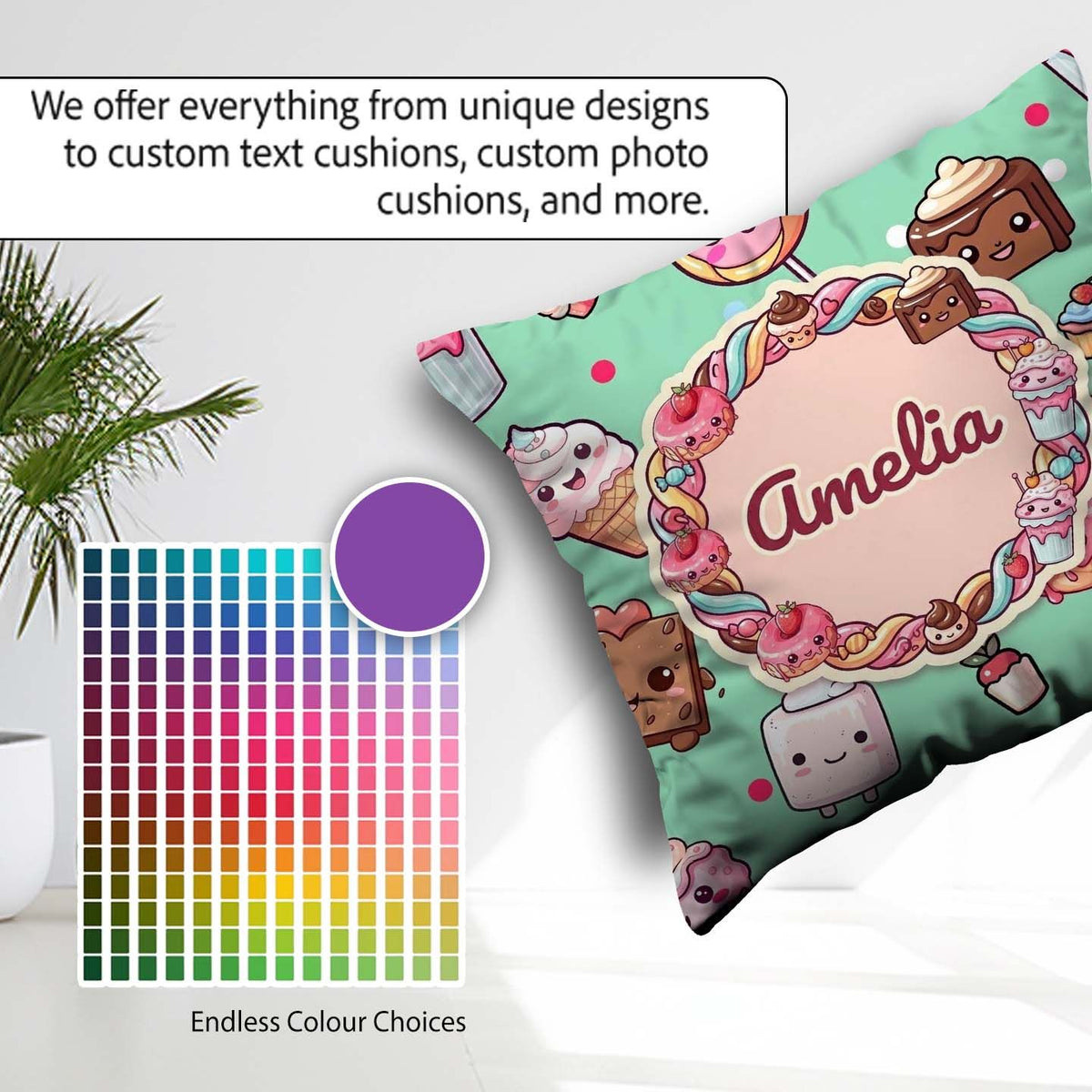 Custom Name Kawaii Dessert Cake Donut Candy Sweet Treat Seamless Square Filled Cushion Throw Pillow Sofa Bed Home Decor Zip Washable UK Made